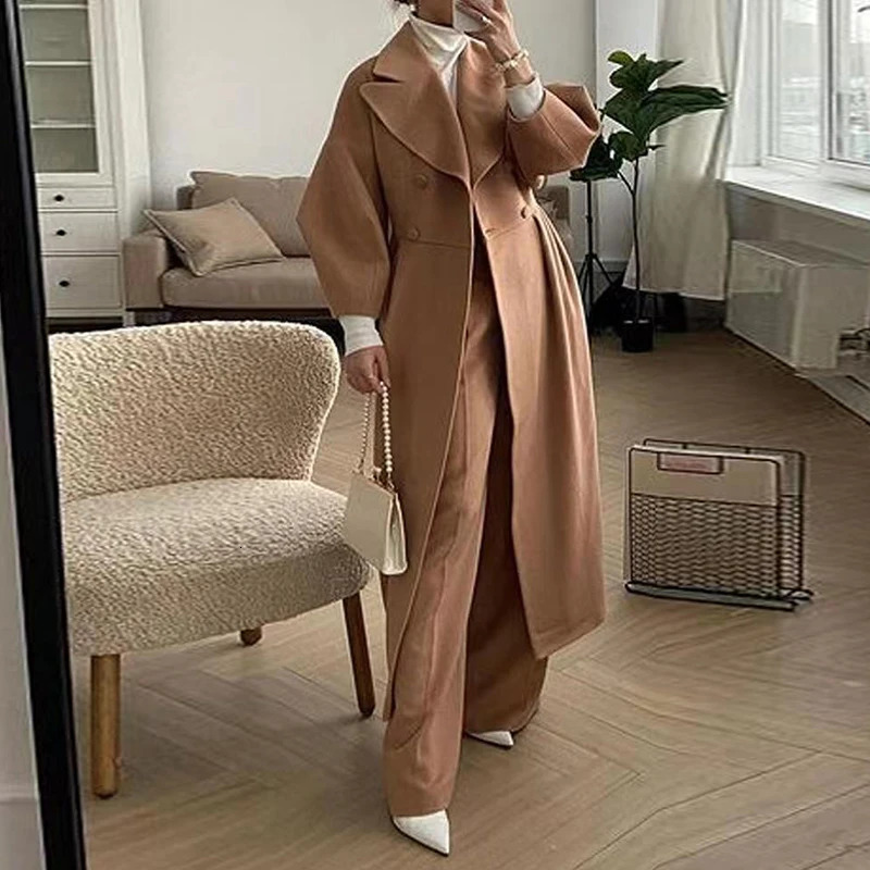 Retro Court Style Lantern Sleeve Woolen Long Coat Elegant French Windcoat Autumn Winter Doublebreasted Solid For Women Clothes 241129