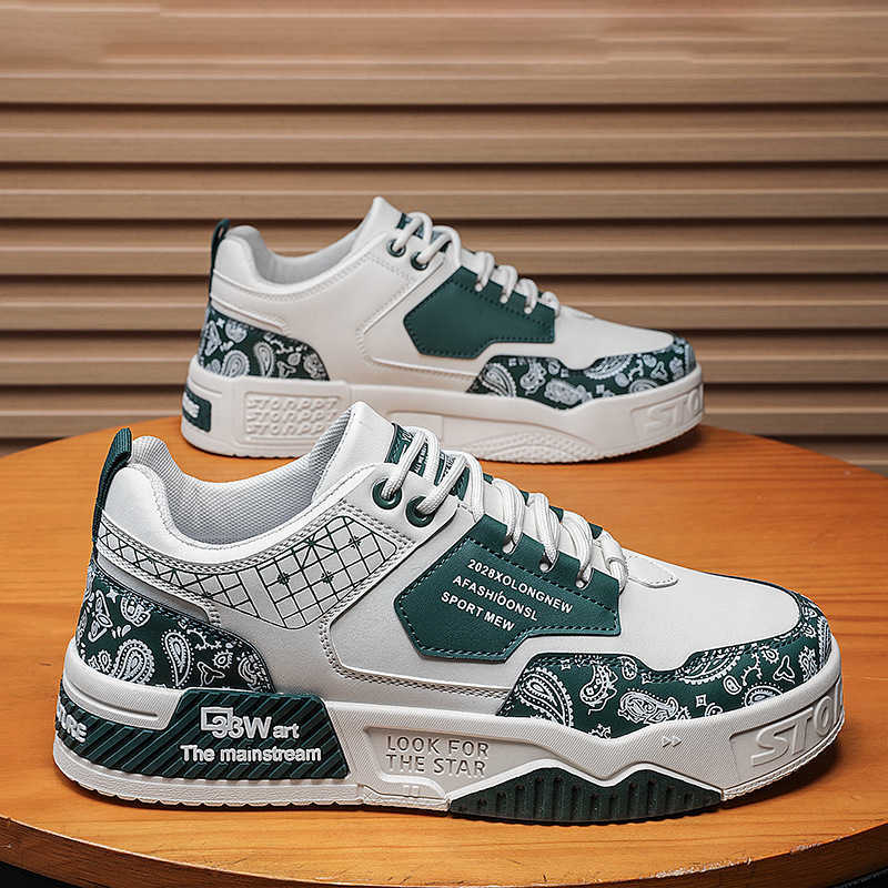 summer new leather cashew flower color blocked low top college style casual sports board shoes thick soled height increasing mens shoes M241129