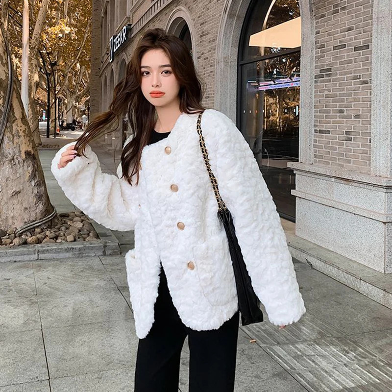 Y2K Faux Wool Women Coat Korean Sweet Warm Long Sleeve Female Autumn All Match Pockets Chic Ladies Casual Jacket 241129