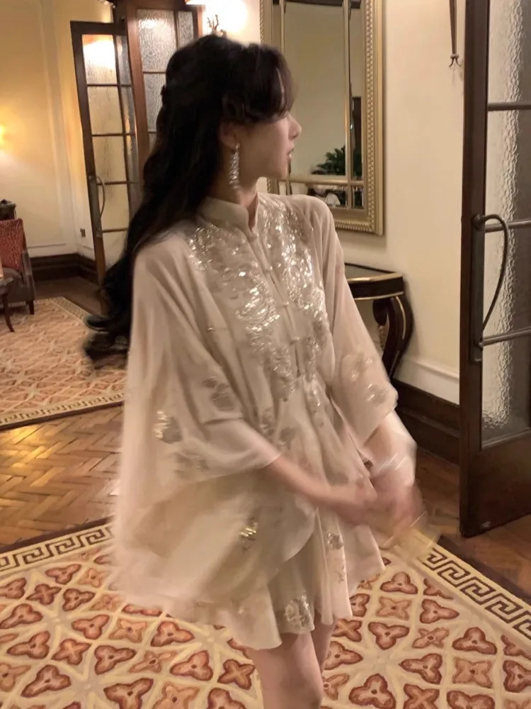 Fashion British Style Mermaid Dress 2 Piece Set Korean Sequin Cloak Pleated Skirt Suit Summer Women Party Clothes Outfits 241129