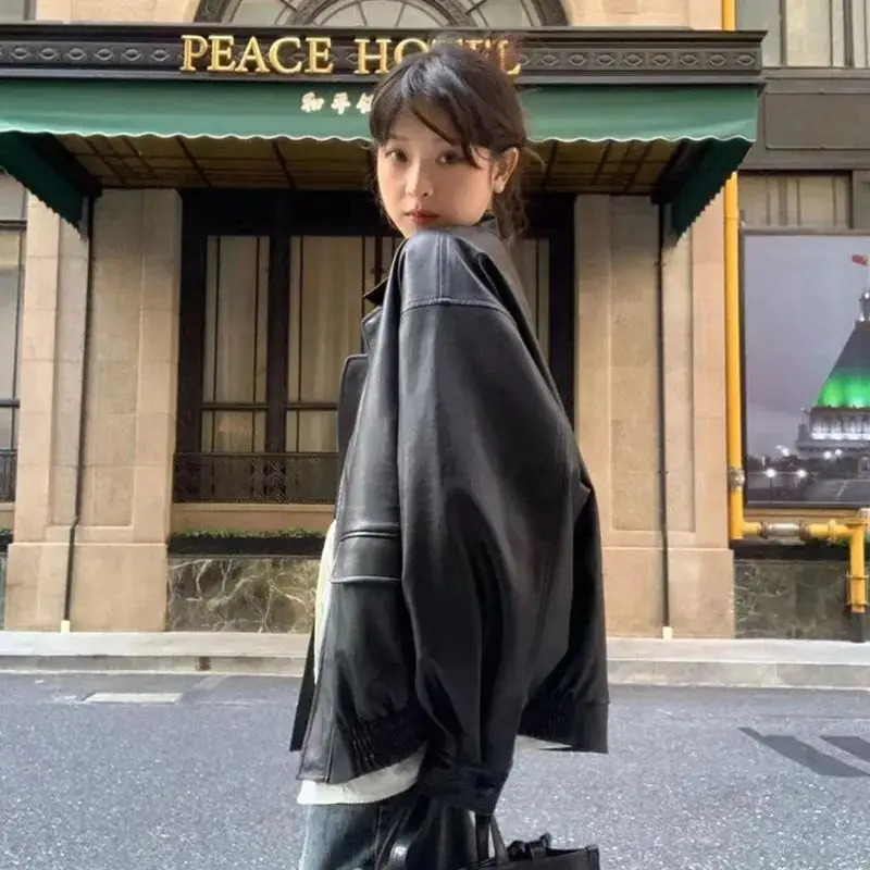 Spring Autumn Solid Color Turndown Collar Long Sleeve Leather Clothing Women High Street Zipper Patchwork Button Cardigan 241129