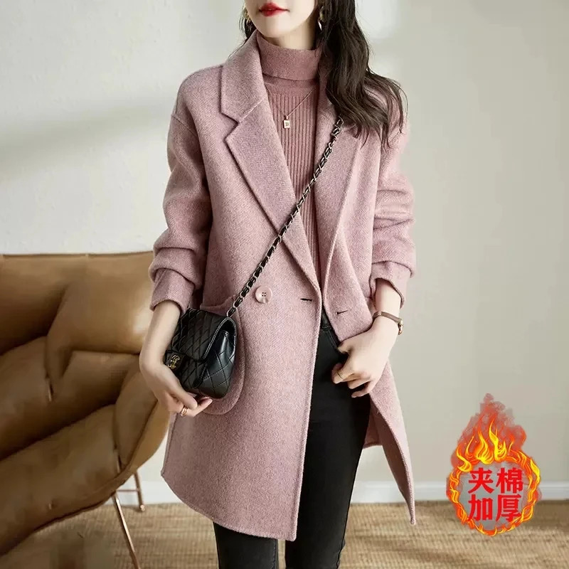 Woolen Jacket Women 2024 Autumn Winter Korean Style Temperament Thickened Warm Medium Long Herringbone Pattern Coat 241129