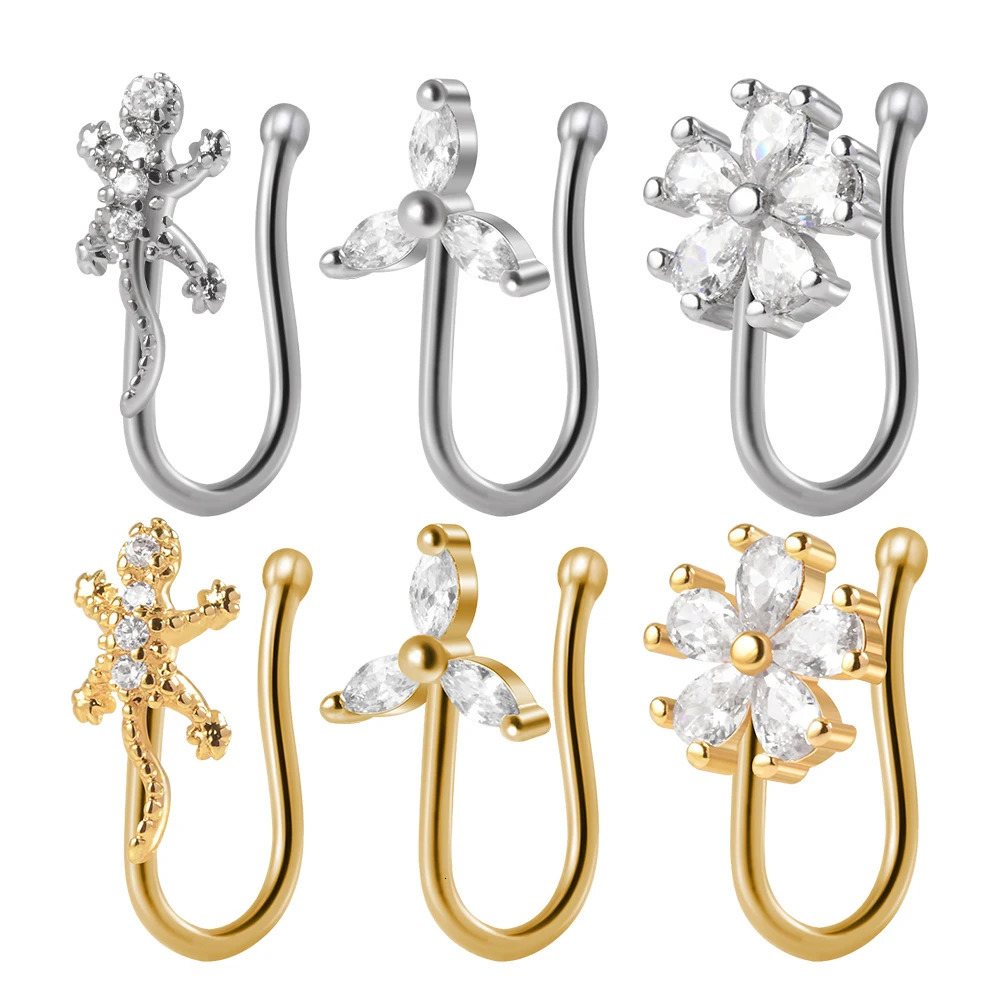 1PC Fashion Zircon Flower Star Silver Color Nose Cuff Plum Heart Moon Ear Clips Piercing Ring For Women Girls Jewelry 241125