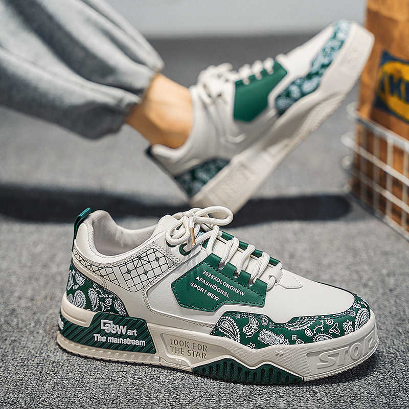 summer new leather cashew flower color blocked low top college style casual sports board shoes thick soled height increasing mens shoes M241129