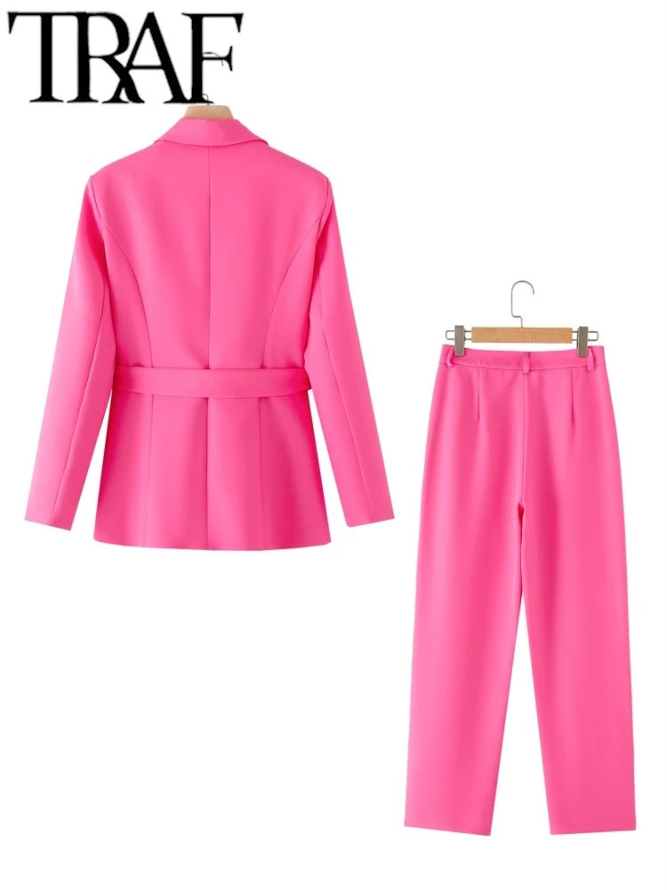 TRAF GAL Office Women Rose Red With Belt Blazer Suits Long Sleeve Jacket Female Spring Full Length Pants Sets Y2K Trousers 240423