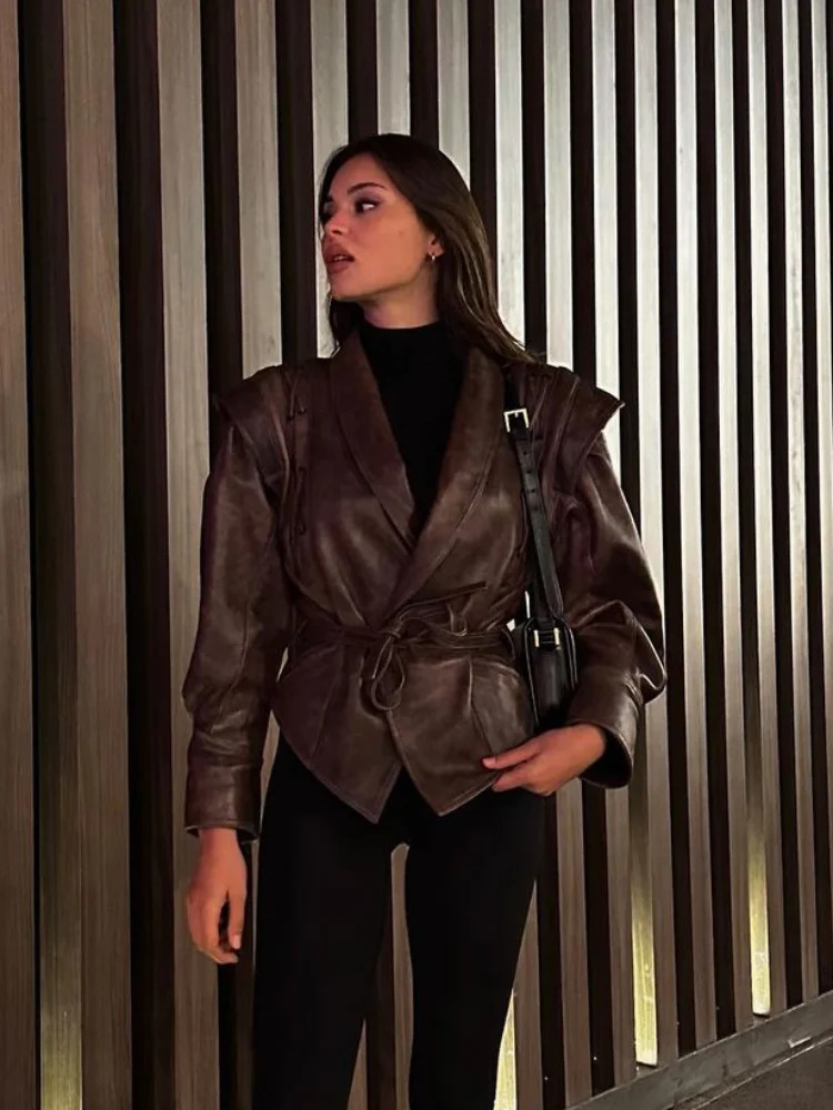 2024 Vintage Lapel Laceup Leather Jacket Chic Solid Long Sleeves Pockets Short Coats Autumn Lady Fashion Streetwear 241129