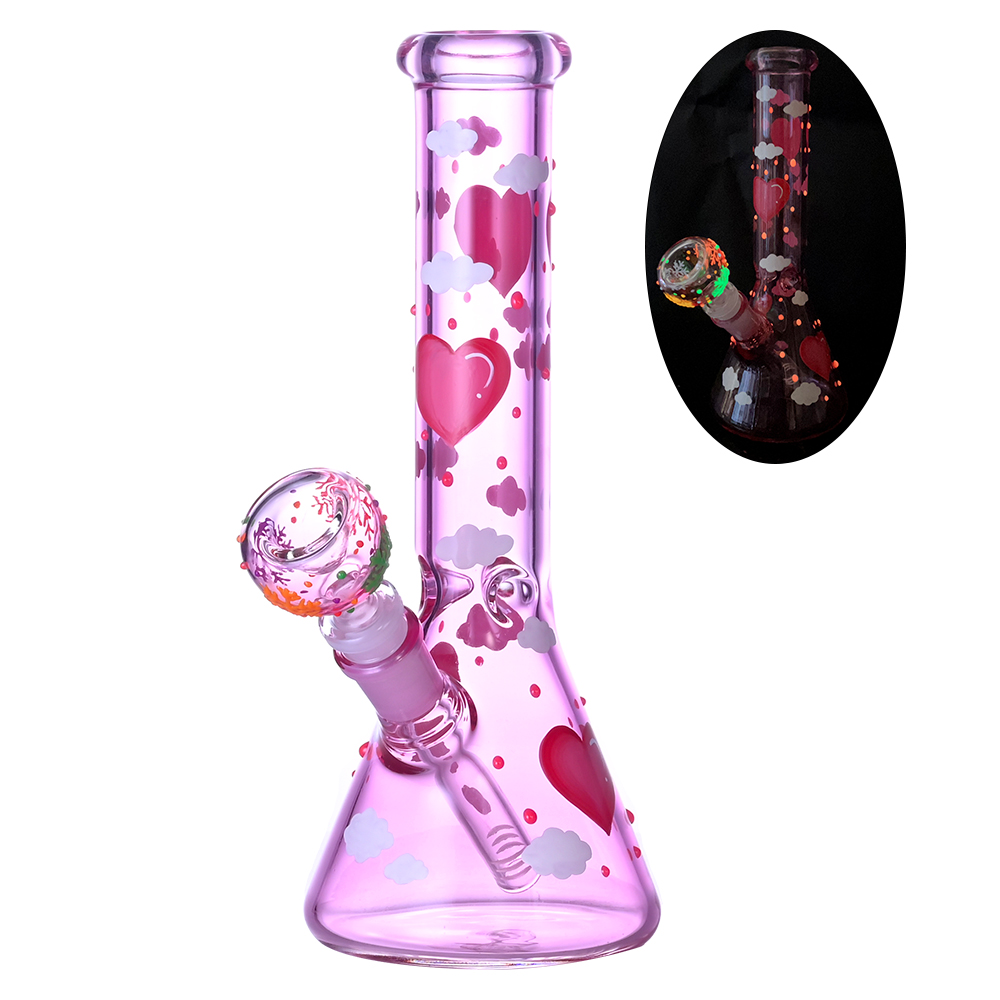 Glass Beaker Bong,Handdrawn Cartoon Love & Cloud Pattern,Glow In The Dark,Borosilicate Pink Glass Water Pipe,Glass Hookah,Valentine's Day Gift,Sm