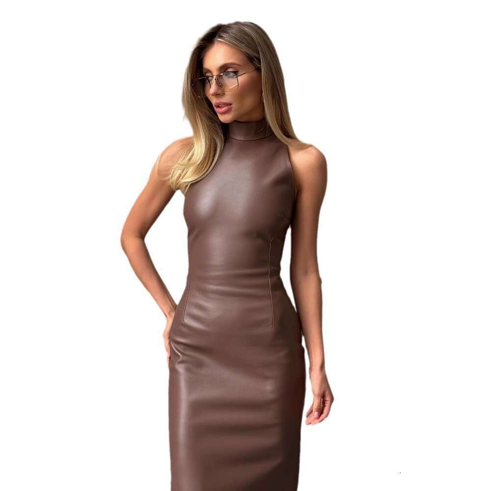 Women's 2024 sleeveless stand up collar temperament slit dress slim fit solid color PU leather skirt