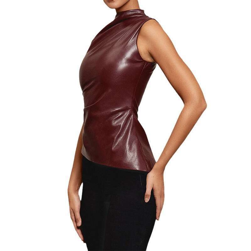 Feng 2024 New Leather Pile Neck Personalized Waist Slanting Sleeveless Women's Tank Top