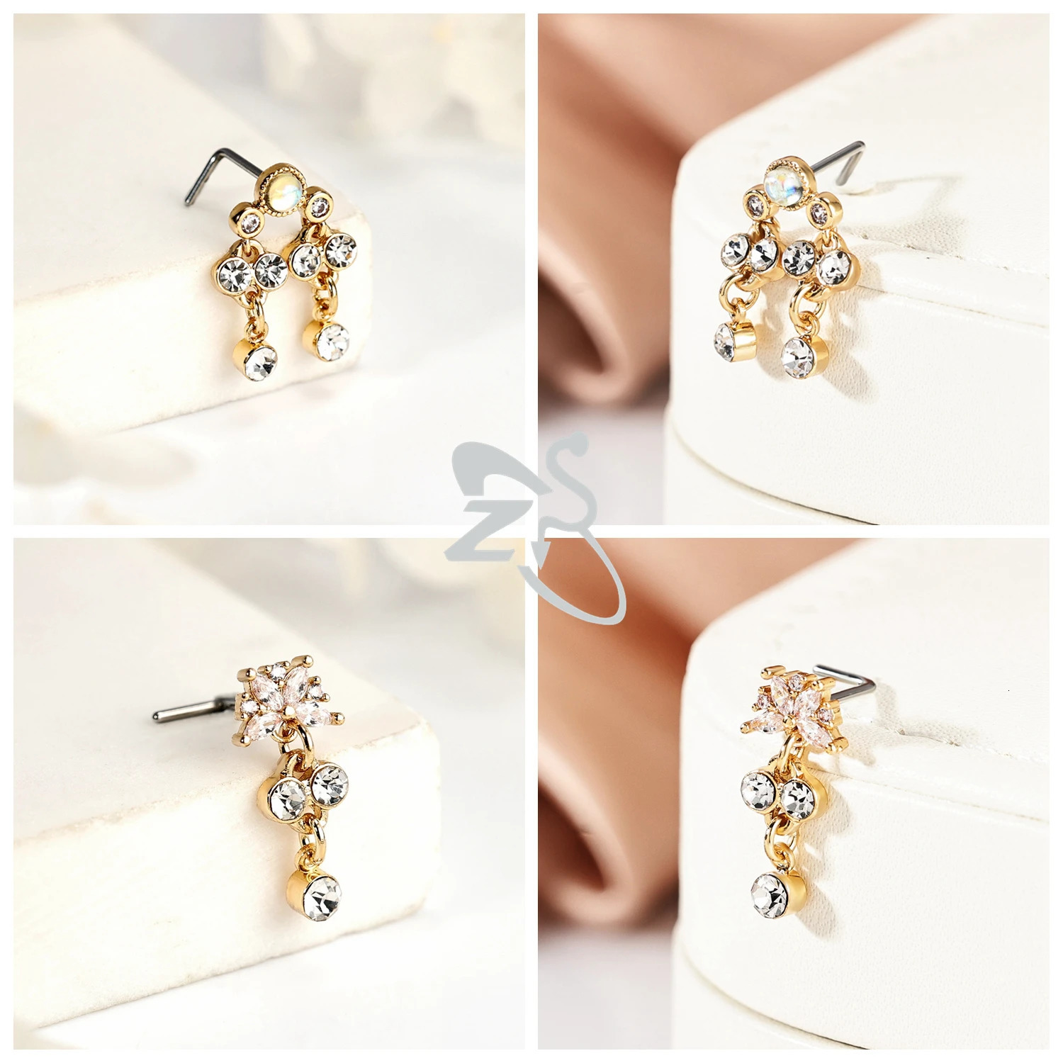 ZS 1 Piece Shiny CZ Crystal Nose Stud 20G L Shaped Stainless Steel Piercings Flower Butterfly Heart Shape Nostril Piercing 241125