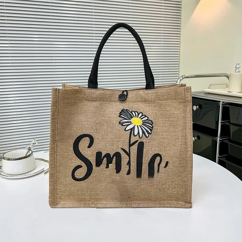 Tote Woven Bag Women Handpainted Pattern Letter Canvas Shopping Handbag 241203