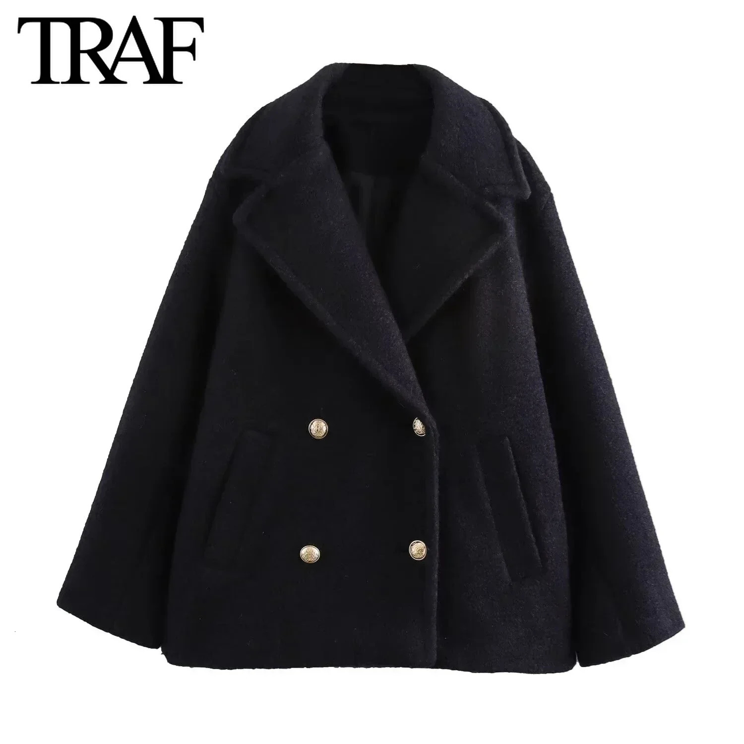 TRAF White Wool Blend Jacket Women Fashion 2024 Autumn Winter Double Breasted Lapel Long Sleeved Warm Short Coats 241129
