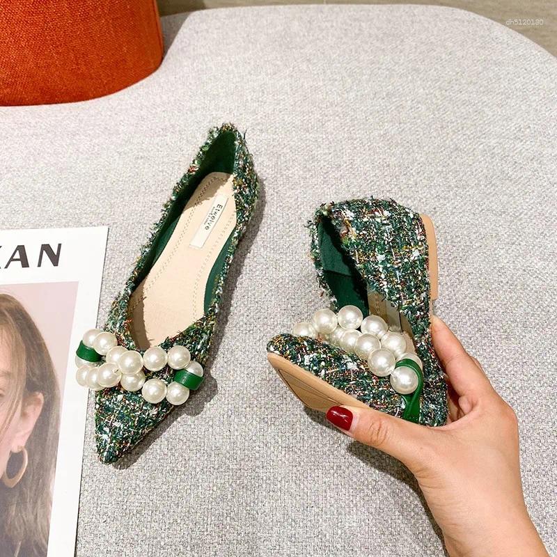 Casual Shoes 2024 Spring Summer Pointed Flat Women Green Pure White Flats With Big Pearls Unique Design Large Size