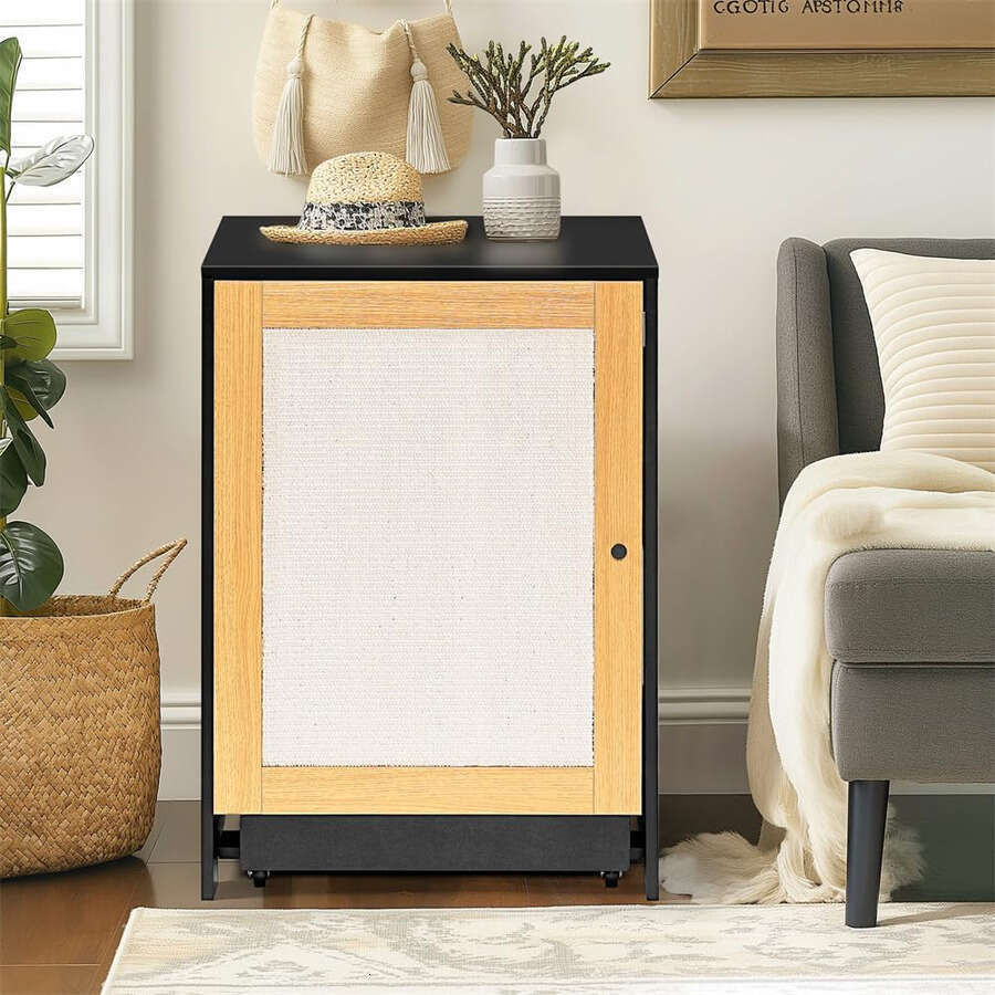 Furniture Corner Enclosure Kitty End Table With Scratching Board Door And Pull-Out Box Board, Litter Cabinet Hidden Cat Washroom Black