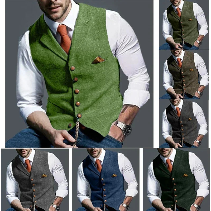 Mens Casual Classic Suit Vest Retro Herringbone Lapel Cotton Blended Tweed Slim Business Lined S3XL 241129