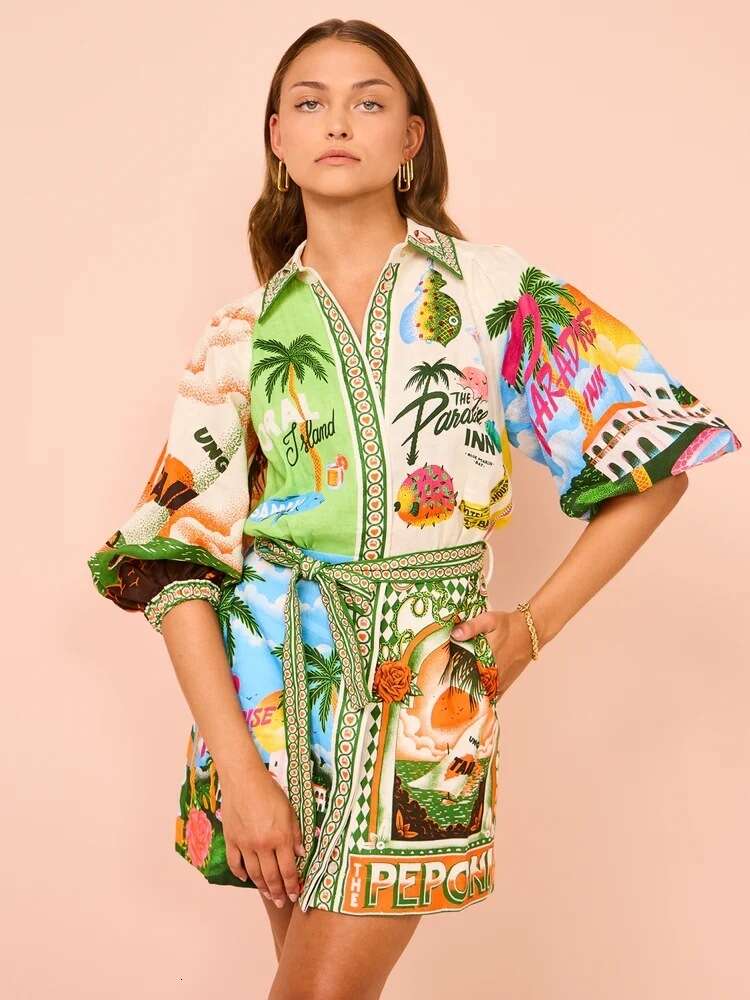 Women Dress Designer New Sexy Suspender Graffiti Cotton And En Printed Large Hem Dresses 6 Colours G05