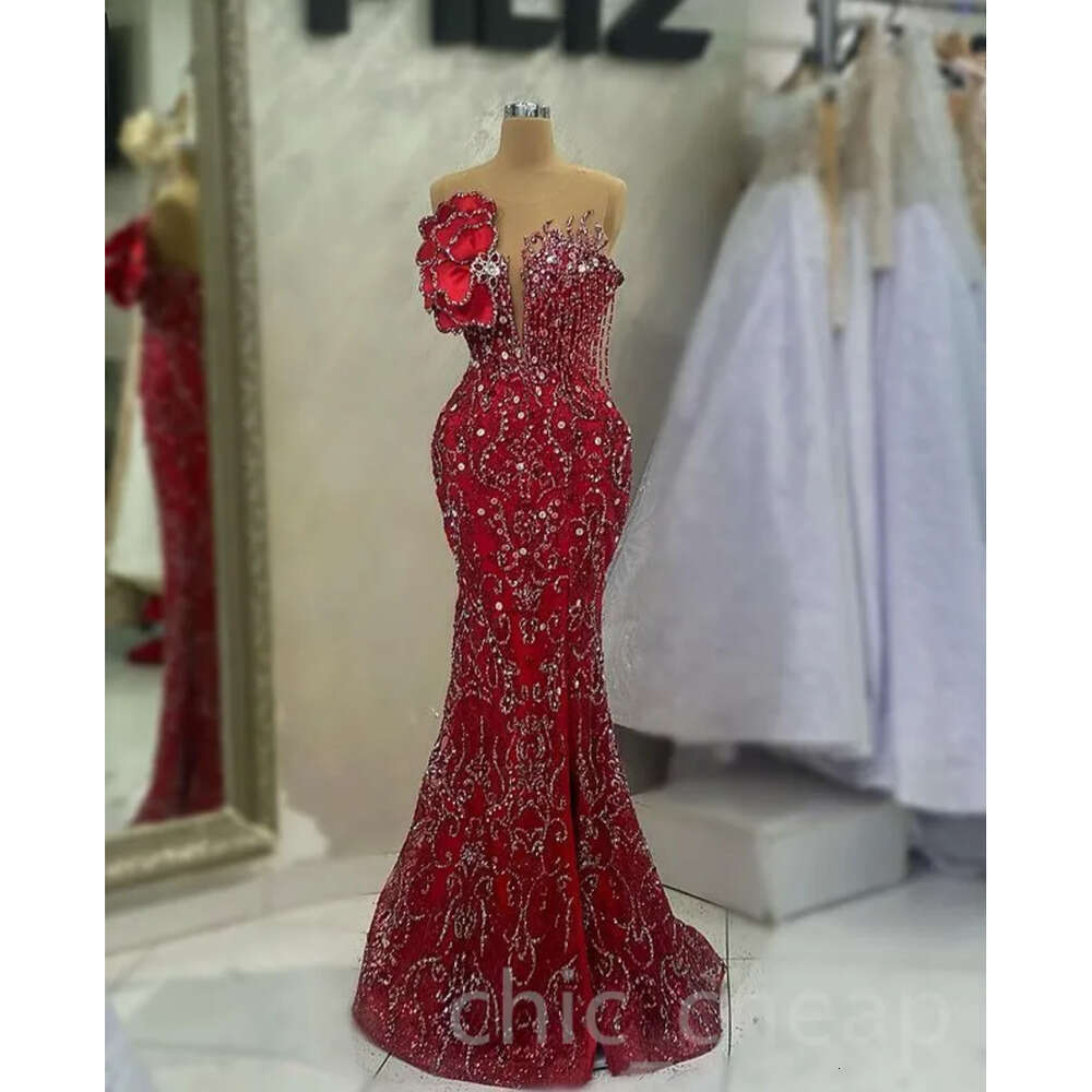 Aso Ebi Mermaid Red April Prom Dress Beaded Crystals Sexy Evening Formal Party Second Reception Birthday Engagement Gowns Dresses Robe De Soiree Zj Es