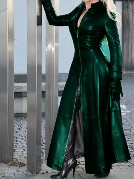 Solid Color Lapel Temperament PU Leather Jacket Europe and America Womens Autumnwinter Fashion Sexy Slim Overlength 241129