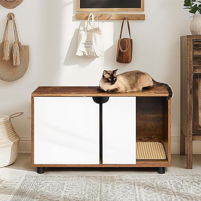 Encloure For 2 Cat - Box Furniture, Encloed Litter Boxe, Cat Furniture Cabinet -White Brown