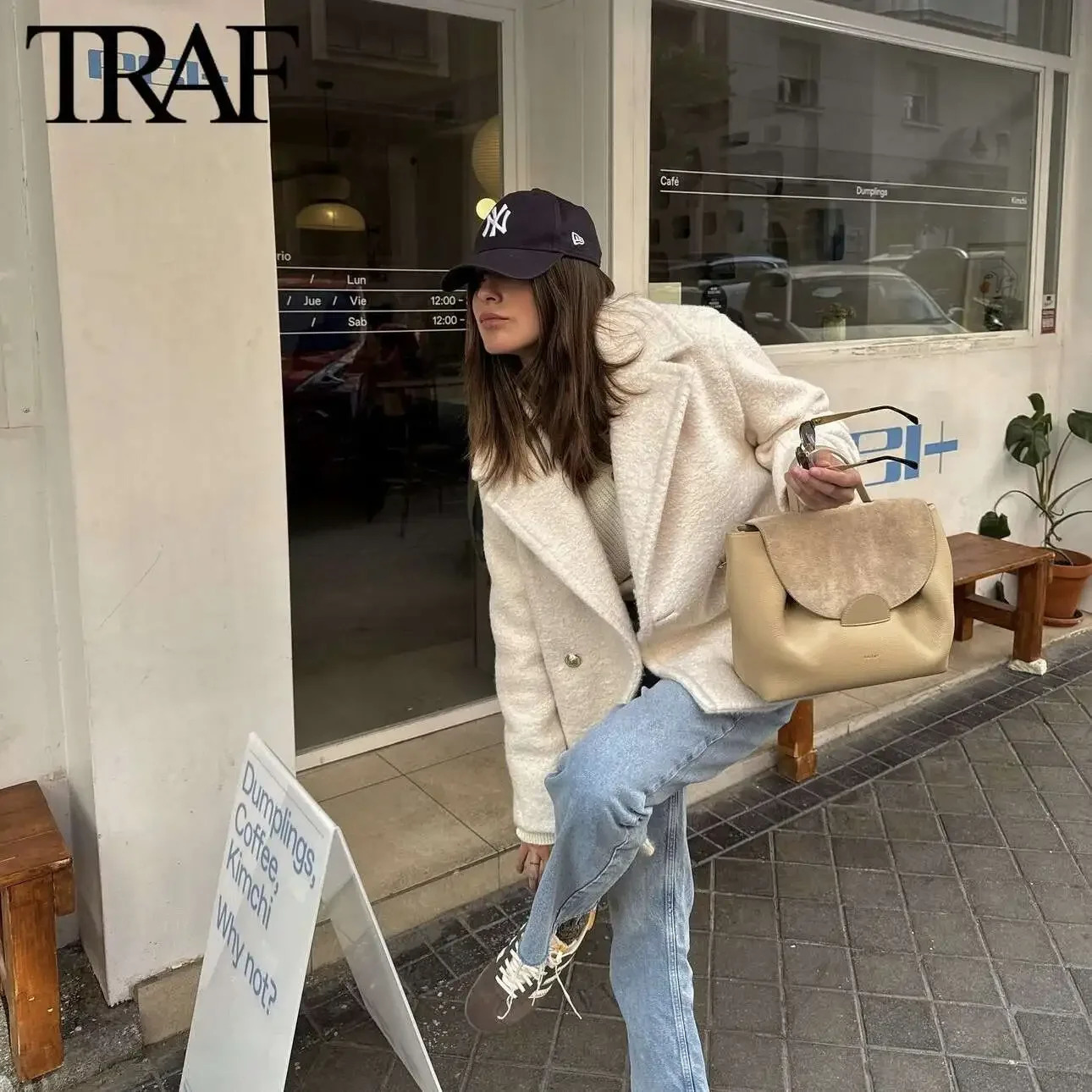 TRAF White Wool Blend Jacket Women Fashion 2024 Autumn Winter Double Breasted Lapel Long Sleeved Warm Short Coats 241129