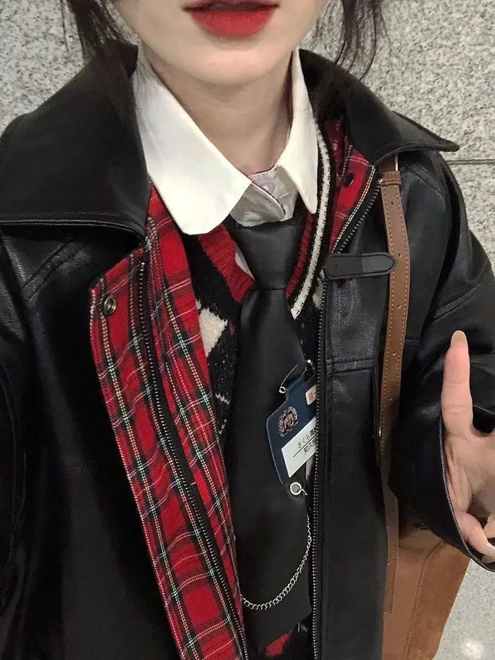 Korea Reversible Lattice Leather Jacket Women American Patchwork Loose Bomber Jackets Harajuku Vintage Zipper PU College Style 241129