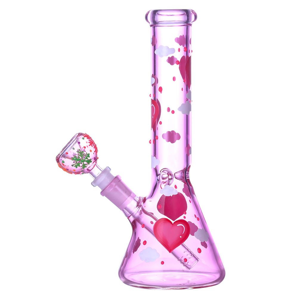 Glass Beaker Bong,Handdrawn Cartoon Love & Cloud Pattern,Glow In The Dark,Borosilicate Pink Glass Water Pipe,Glass Hookah,Valentine's Day Gift,Sm