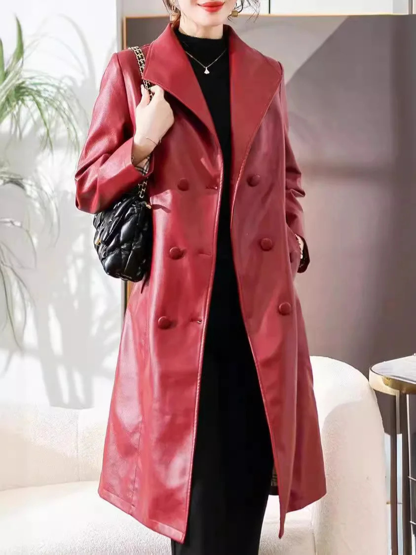 womens trench coat for autumnwinter 2024 in Haining China made of genuine leather long length knee over sheeps 241129