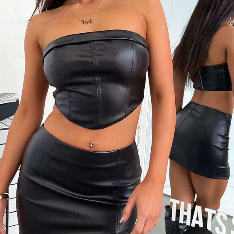 Women's clothing 2024 autumn strapless, backless, and navel revealing sexy top, hip hugging split skirt set