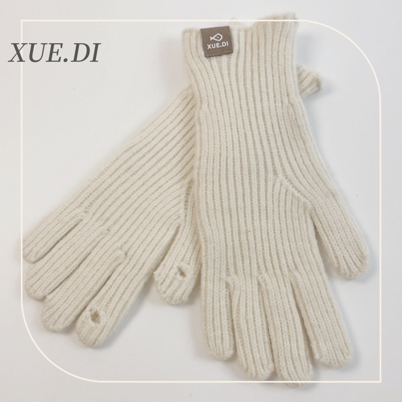 Winter fine wool two finger touch screen gloves for women knitted yarn for warmth solid color windproof and dew proof