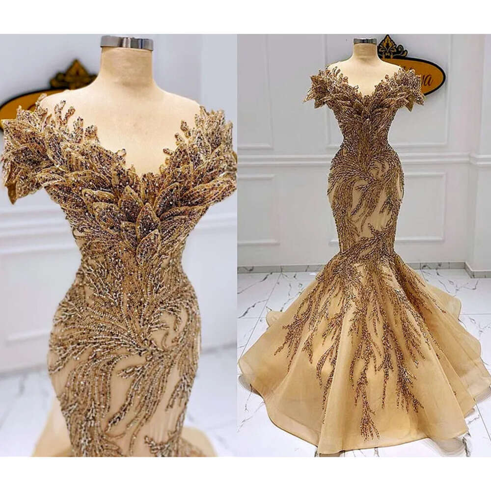 Arabic Ebi Size Plus Aso Mermaid Urious Gold Prom Dresses Beaded Stylish Evening Formal Party Second Reception Gowns Dress Zj