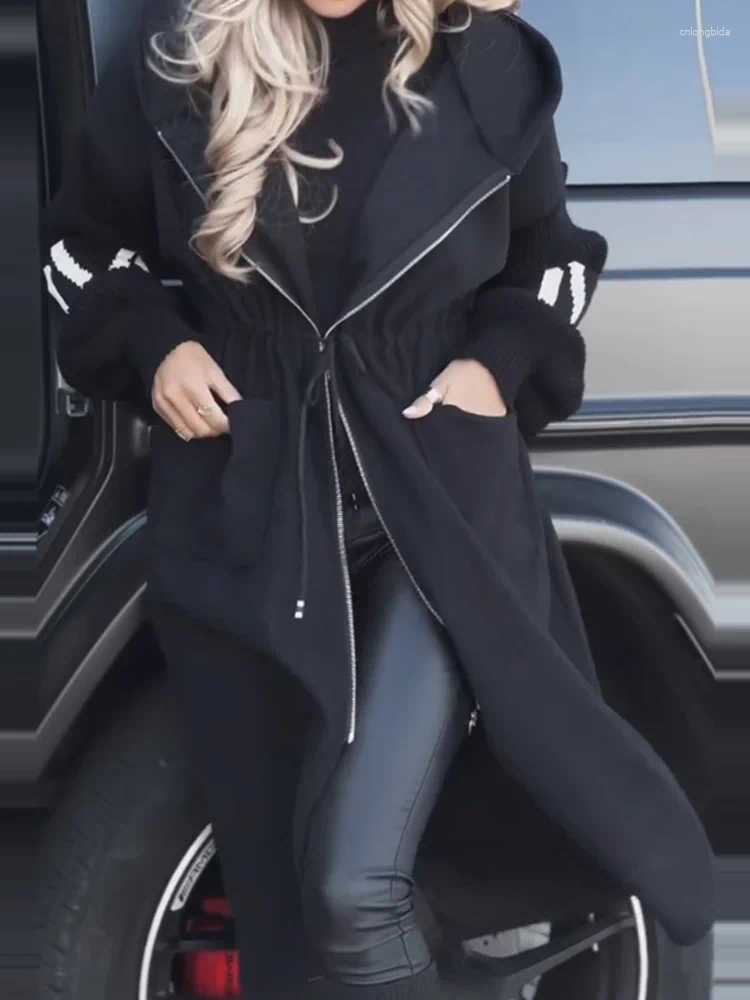 Womens Jackets Hooded Long Sleeve Cardigan Coat Women Autumn Winter Simple Patchwork Zipper Casual Lace-Up Fashion Maxi Outerwear