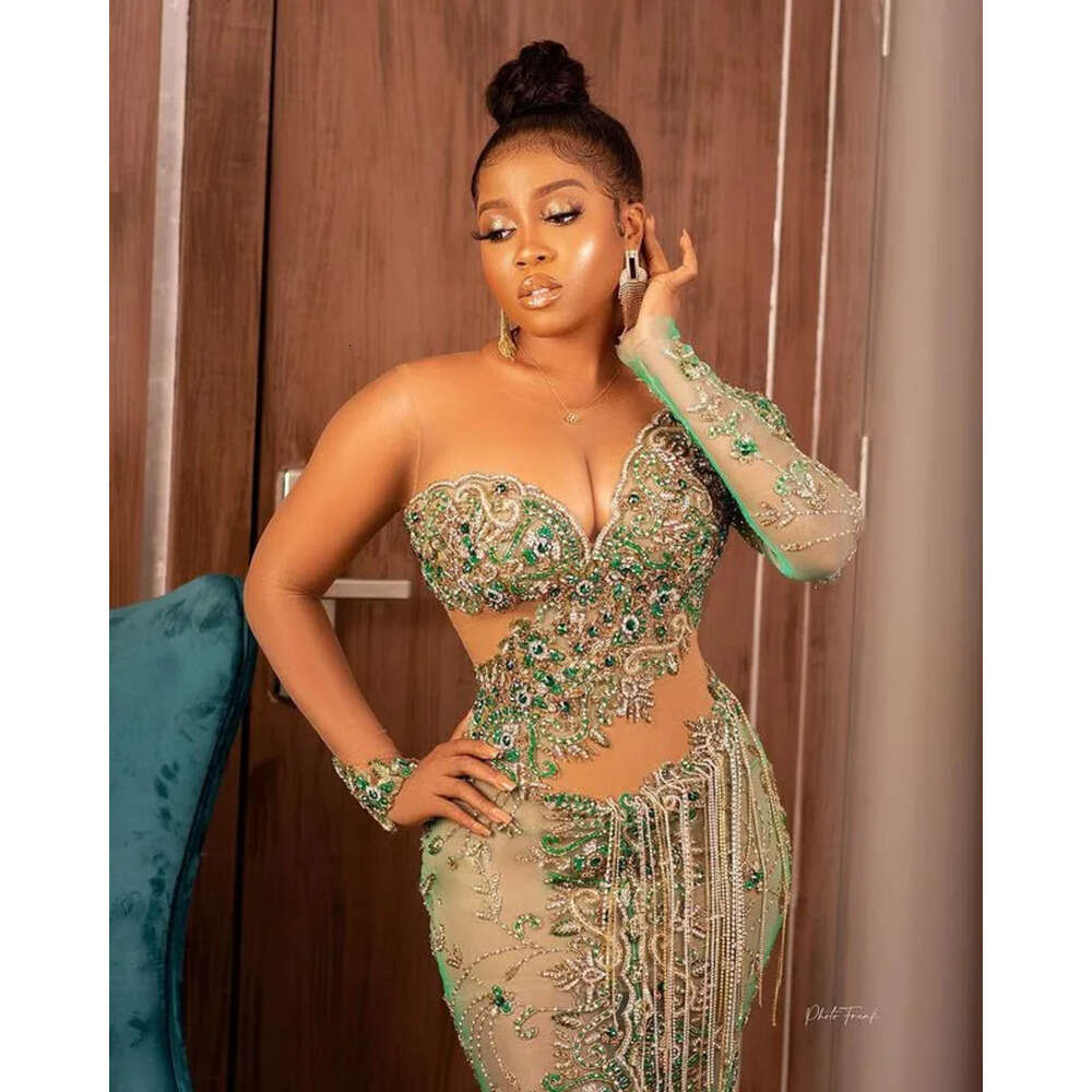 Arabic Plus Aso Ebi Size Urious Beaded Crystals Prom Dresses Lace Sheer Neck Mermaid Evening Formal Party Second Reception Gowns Zj 0218