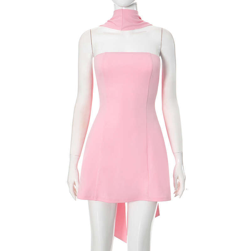 G24DS063 women's summer new style neck hanging and ribbon solid color strapless high waist slim short dress