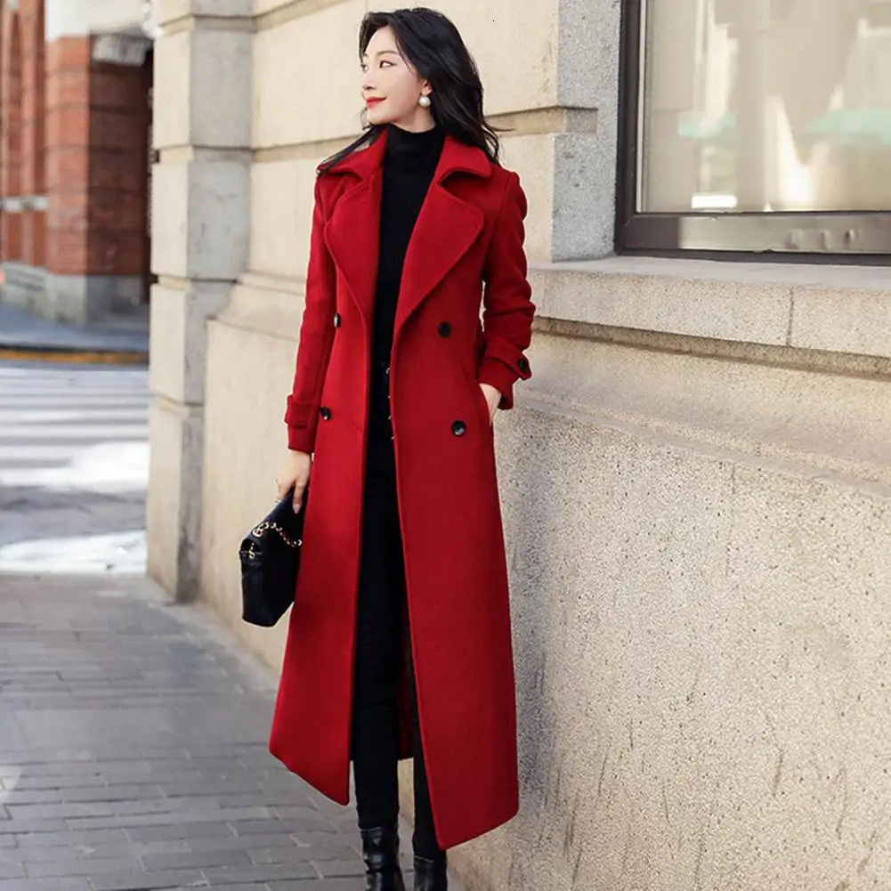 Winter Overcoat Elegant Doublebreasted Waist Belt Long Woolen Jacket Fashion Thermal Thick Women Trench Coat Wool 241129