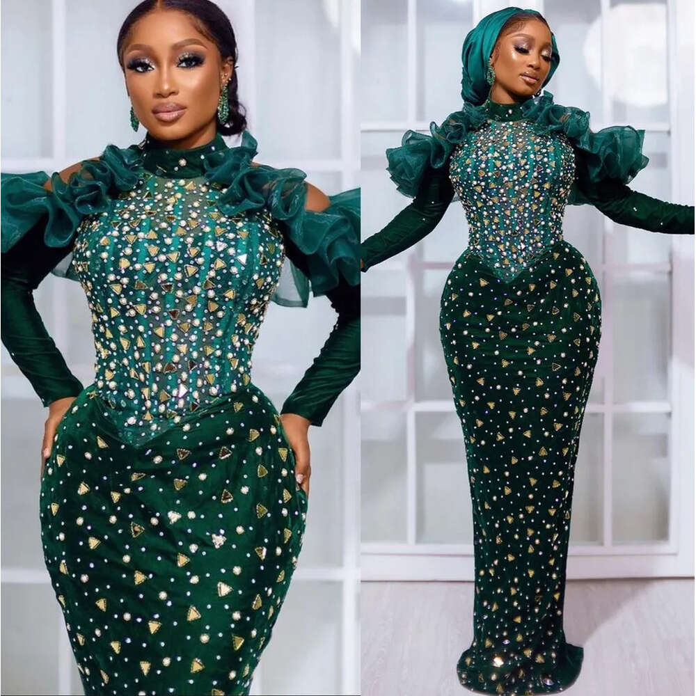 Dark Ebi Green Aso Arabic Prom Dresses Beaded Crystals Sheath Evening Formal Party Second Reception Birthday Engagement Gowns Dress Zj 6660306