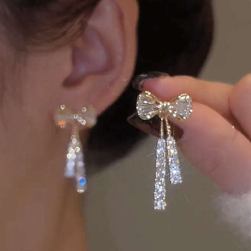 Gold Color Shiny Stud For Women Fashion Exquisite Dainty Rhie Bow Dangle Earrings Jewelry Friends Gift