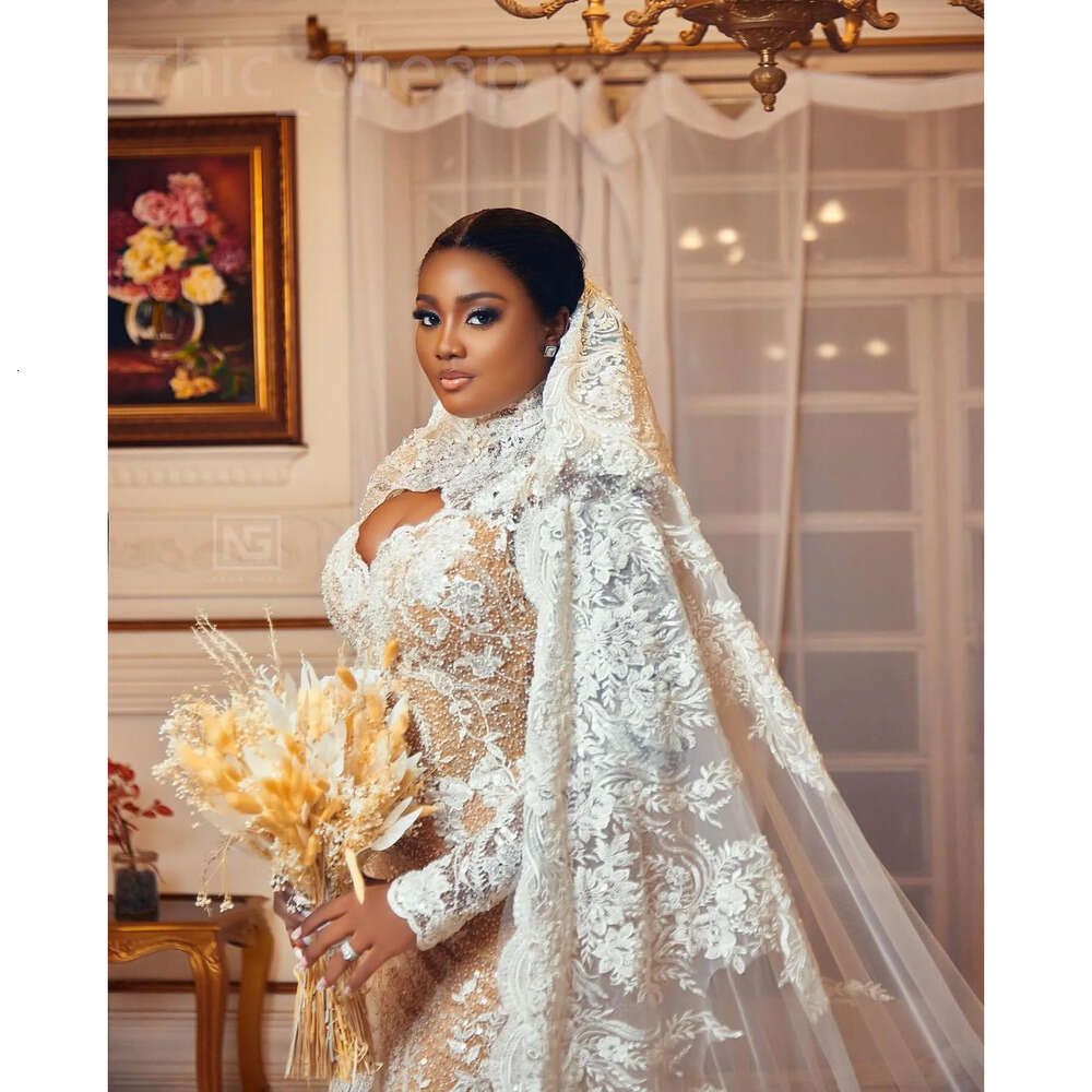 Arabic Plus Aso Ebi Size Illusion Mermaid Wedding Dress Lace Backless Luxurious Bridal Gowns Dresses Zj Es