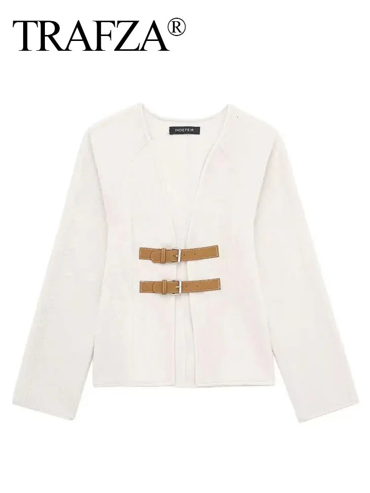 TRAFZA Retro Leather Buckle Woolen Coat Women Fashion Solid V Neck Long Sleeve Beige Jacket Autumn Spring Chic Female Streetwear 241129