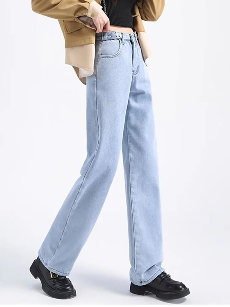 Winter wool lined pocket straight jeans womens warm plush velvet casual denim pants Korean streetwear thick wide leg Vaqueros 241122