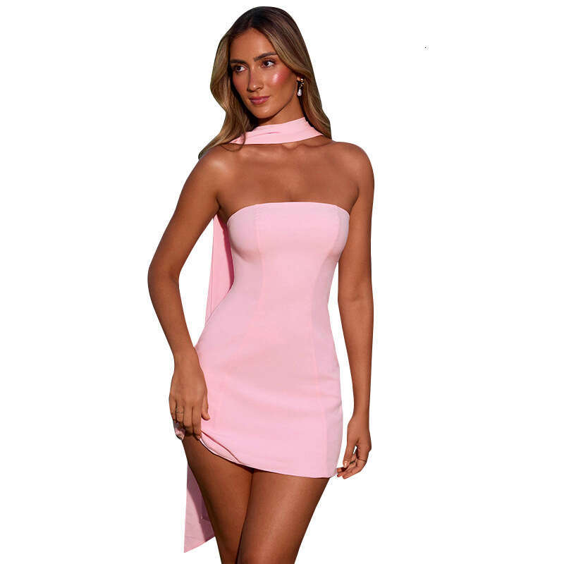 G24DS063 women's summer new style neck hanging and ribbon solid color strapless high waist slim short dress
