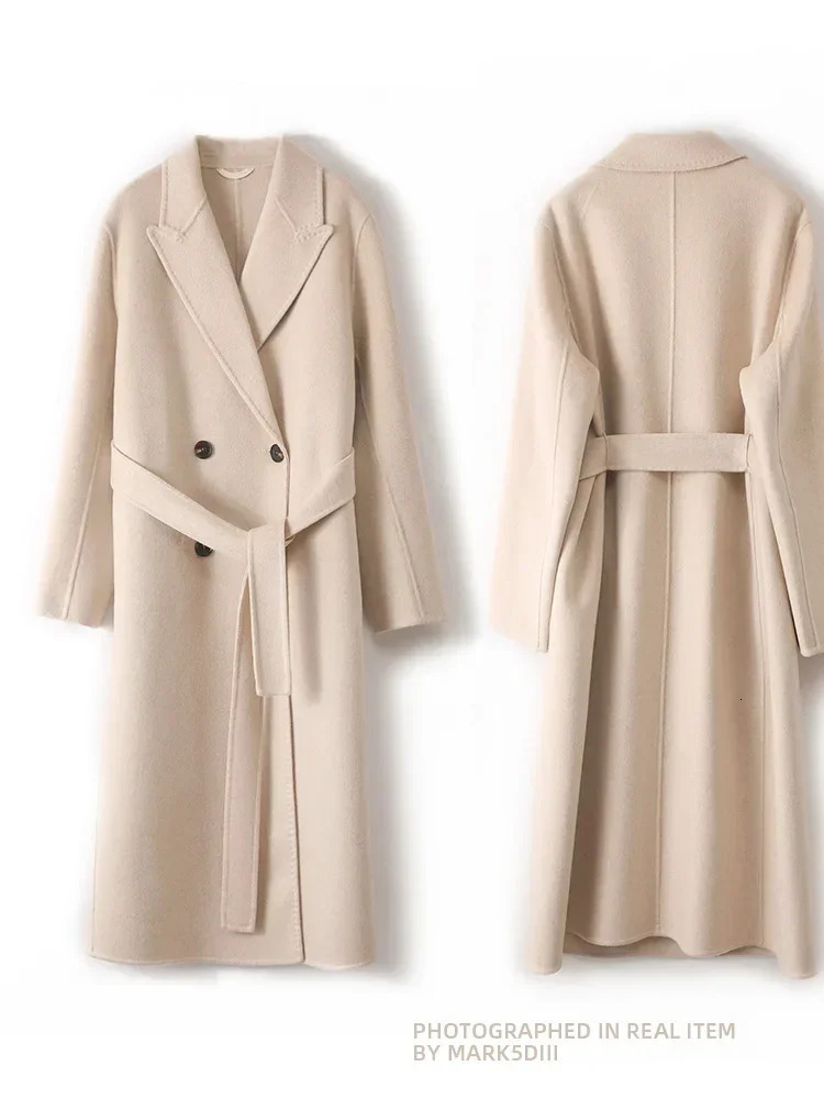 Women 100 Wool Lapel Overcoat Belt DoubleBreasted Autumn Winter Long Jacket Trench Coat Ladies trf za Female Clothing 19 241129