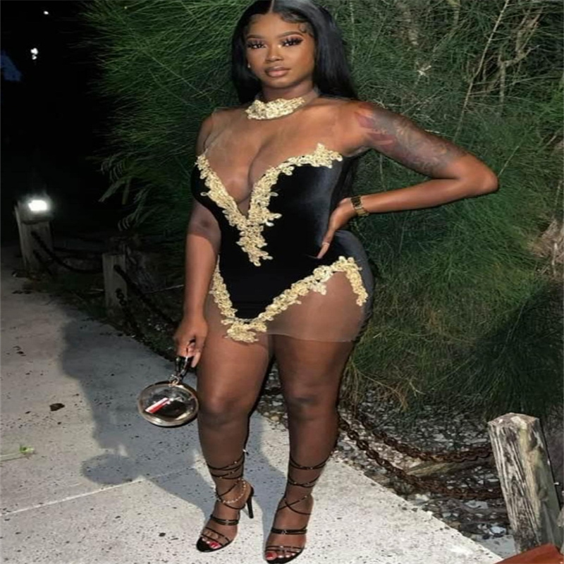 Charming Black And Gold Prom Dress For Black Women See Through Lace Short Evening Dress African Graduation Cocktail Party Dress Homecoming Wear Vestio
