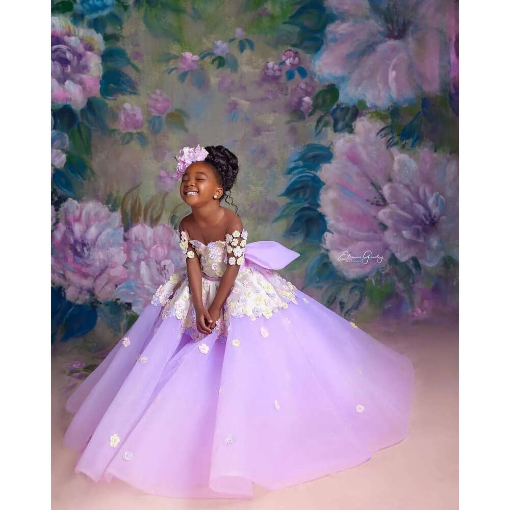 Neck Flower Dresses Lilac Sheer Ball Gown Tulle Short Sleeves Vintage Little Girl Peageant Dress Gowns Zj S