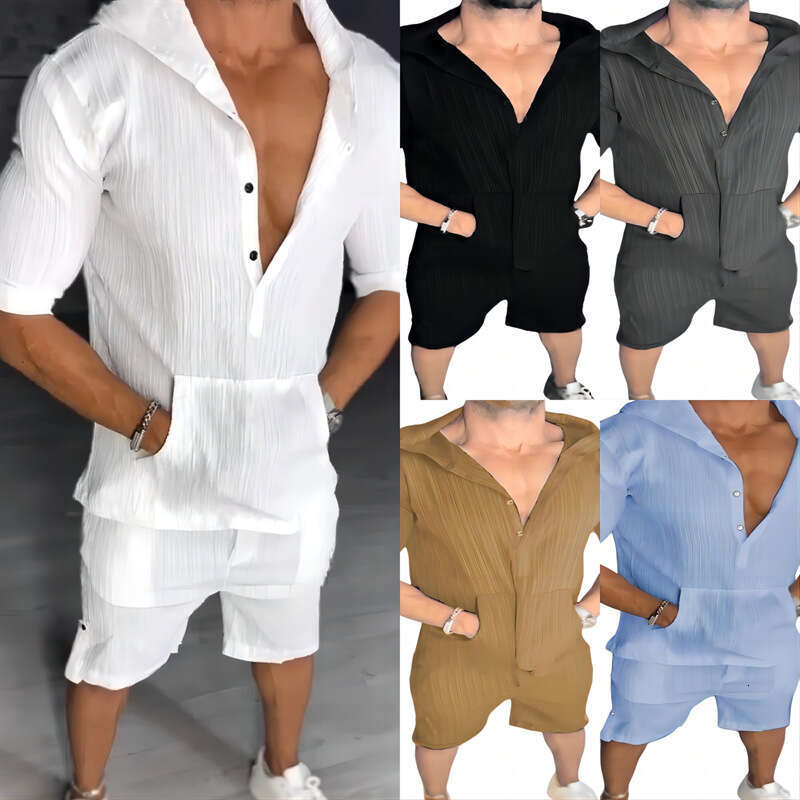 European And American Plus Size Casual Suit Men's Loose Short Sleeved Hooded Pocket Hoodie, Two Trendy Clothing Items With Fashionable Temperamen