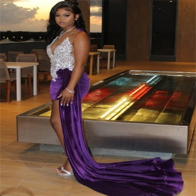 Sexy Purple Prom Dress With Train Illusion Appliques Lace Black Women Evening Dress Velvet Cocktail Homecoming Dress Chic Birthday Party Gown Vestio D