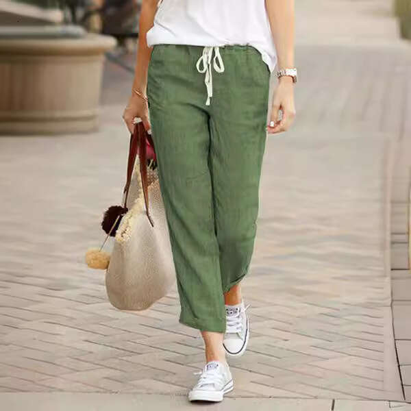 New Solid Color Loose Casual Drawstring Tight Waisted Cotton And En Cropped Pants, Trendy Clothing, Fashionable Temperament B4