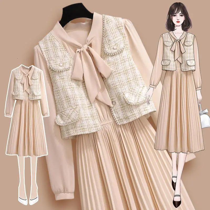 Xiaoxiangfeng Spring Autumn Outfits Early 2024 Elegant VNeck Pearl Vest French Style Bowknot Dress Two Piece Set 241129