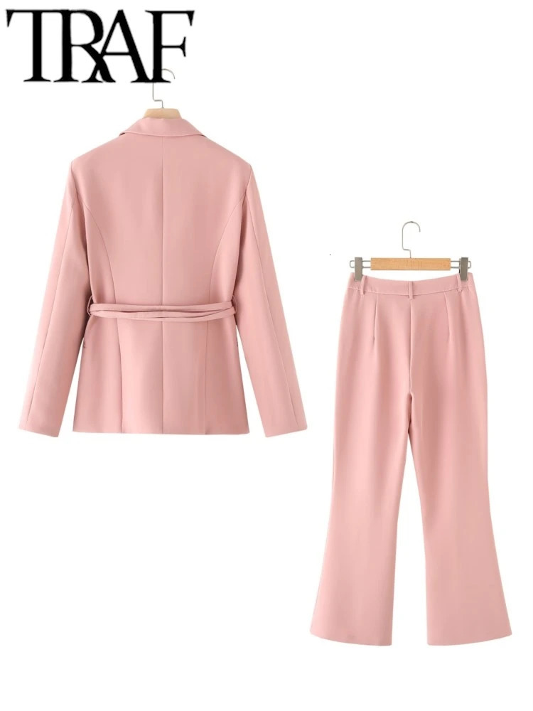 TRAF GAL Elegant Women Pink Waist Tied Blazer Suits Long Sleeve Office Jacket Female Flared Pants Sets Y2K Spring Trousers 240423
