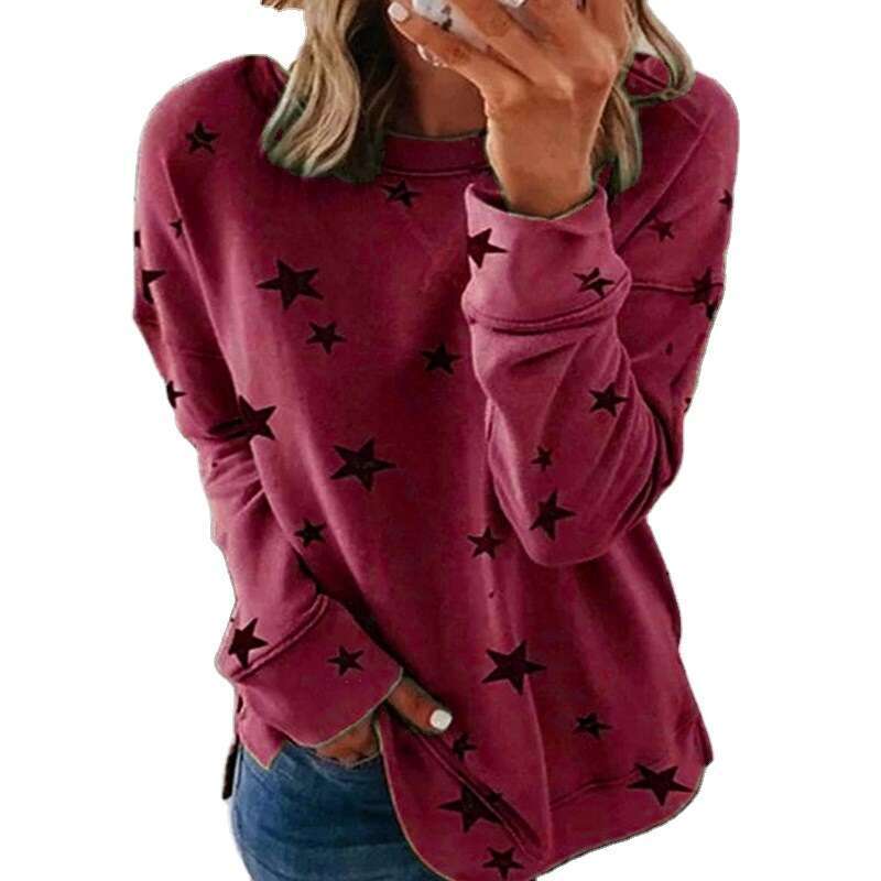 European American Autumn New Star Print Splicing Plus Size Women's Top, Long Sleeved T-Shirt, Trendy Clothing, Fashionable And Casual Temperament