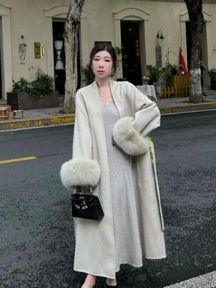2024 Warm Long Coat With Belt Womens Elegant Wool Blend Trench Winter Clothes Fashion Outerwear 241129